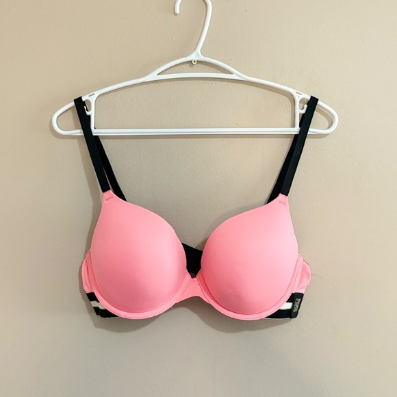 ✌️2/$20✌️ PINK Victoria's Secret Neon Pink Bra Bold Black White Gold Band Trim - Picture 1 of 7